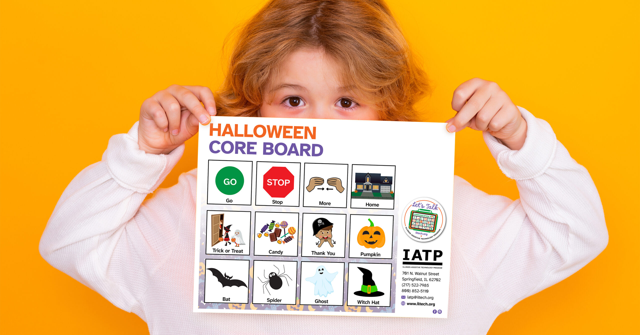 Child face close up with sheet of paper, isolated on yellow background. Portrait of a kid holding a blank placard, poster. Empty board for templates banner, copy spase, mock up.