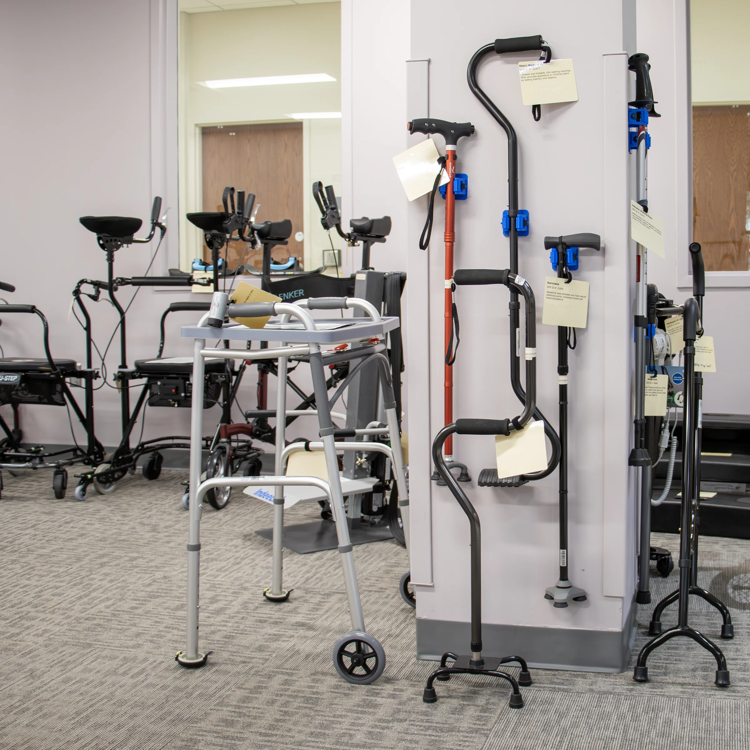 Various walkers, canes and rollators in the IATP’s Demonstration Center