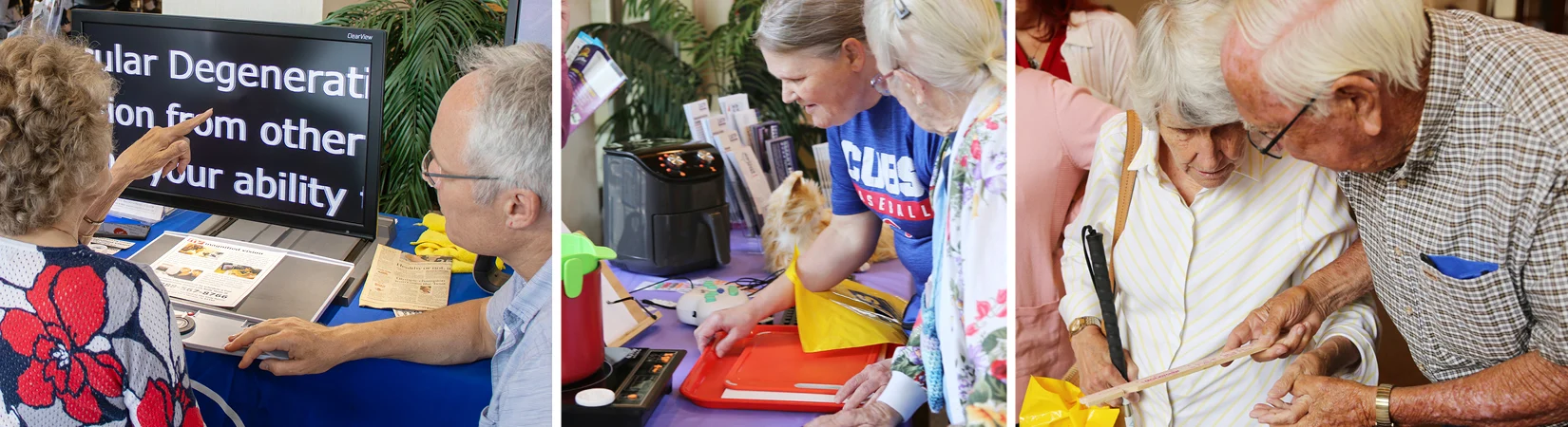 Three scenes showing people looking at various assistive technology tools for low vision.