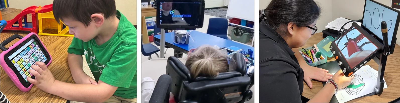 Three-panel collage showing children using various communication tablets and other assistive technology.