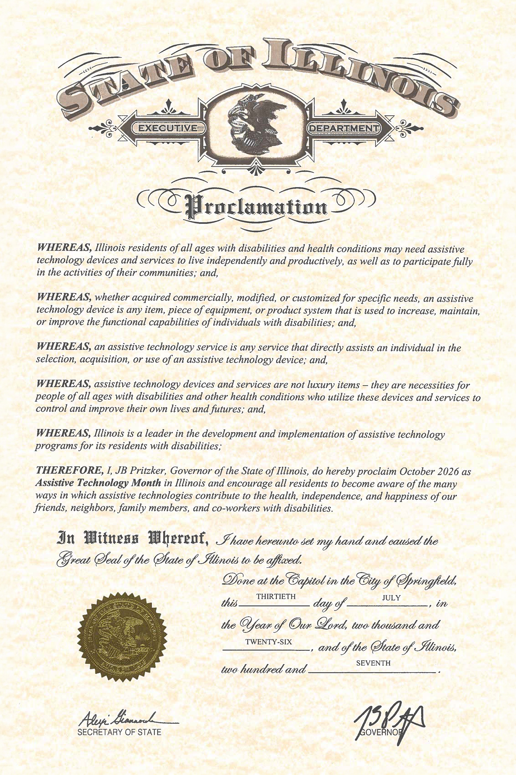 Illinois proclamation declaring October 2026 Assistive Technology Month, with the state seal, official text, and signatures of Secretary of State Alexi Giannoulias and Governor JB Pritzker.